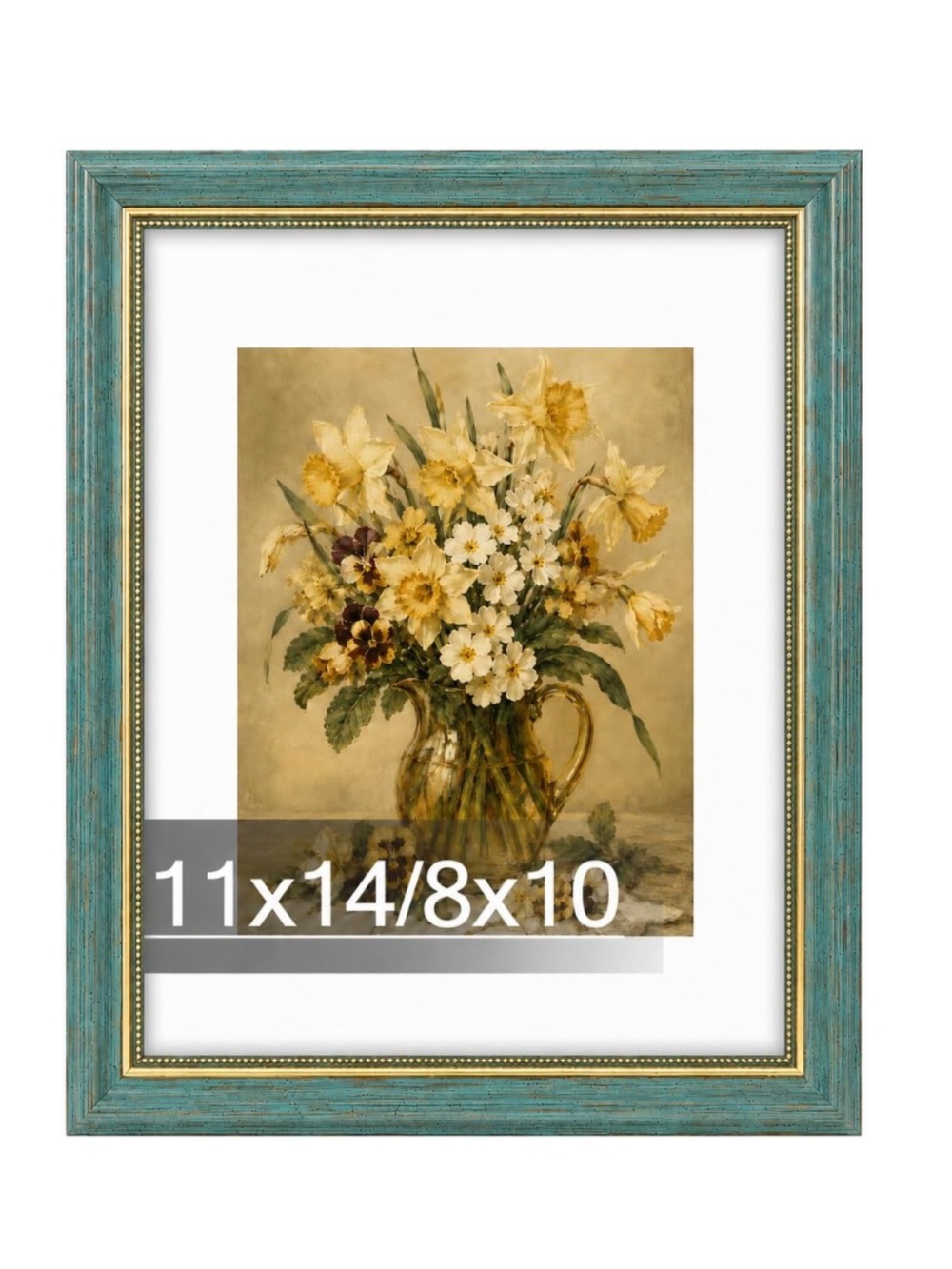 Elegant Photo Frame w Mat and Plexiglass Front 11x14” - GREEN with GOLD ACCENT